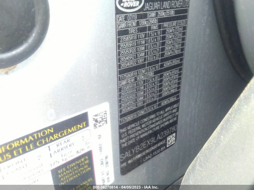 SALYB2EX9LA239780 - 2020 LAND ROVER RANGE ROVER